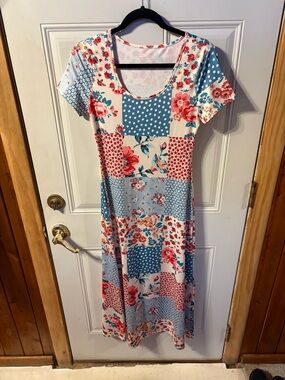 Patchwork Floral Dress Boho Stretch Short Sleeve Casual Summer Dress
